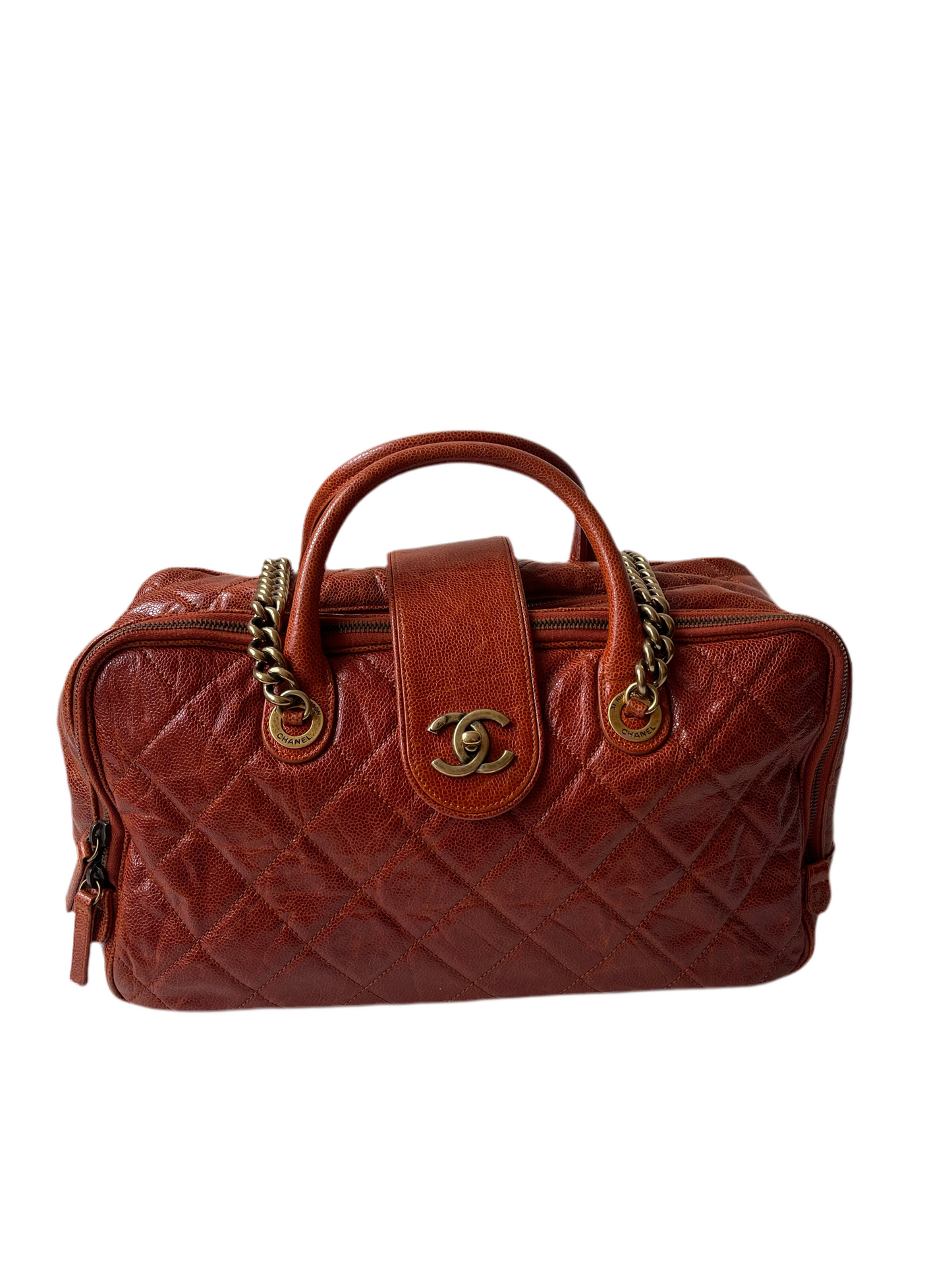 CHANEL SHIVA BOWLER TAS SCHOUDERTAS ROESTBRUIN/RODE TAS LEER