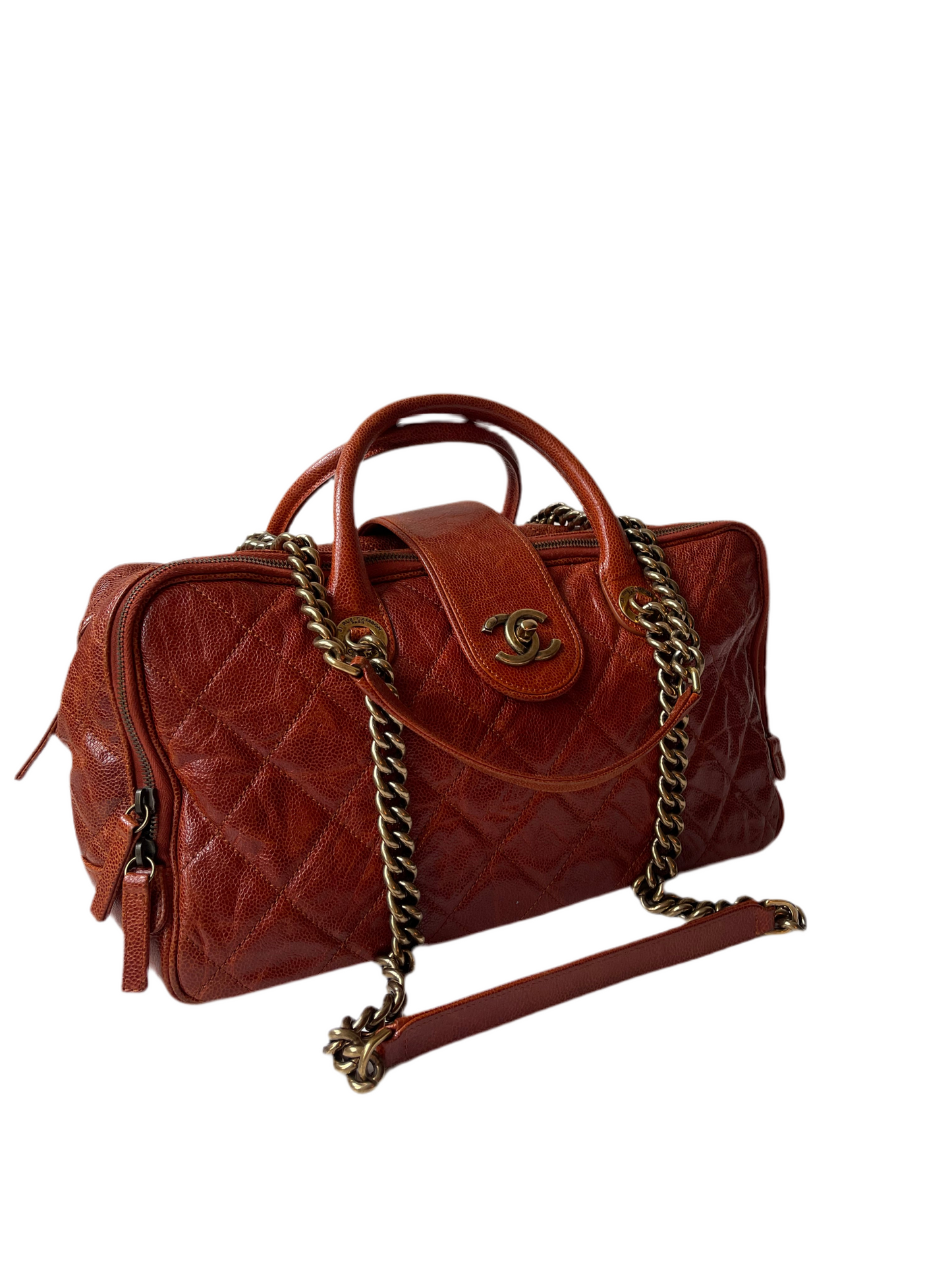 CHANEL SHIVA BOWLER TAS SCHOUDERTAS ROESTBRUIN/RODE TAS LEER