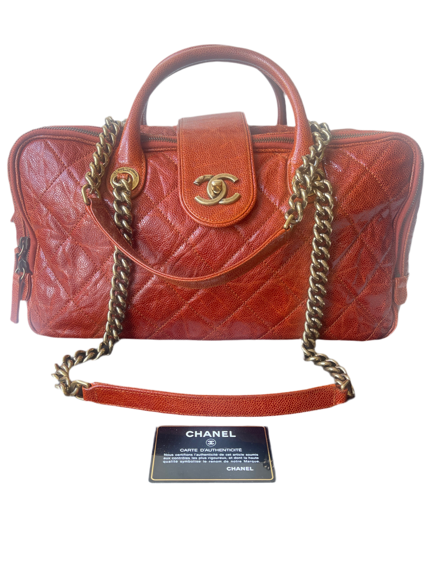 CHANEL SHIVA BOWLER TAS SCHOUDERTAS ROESTBRUIN/RODE TAS LEER