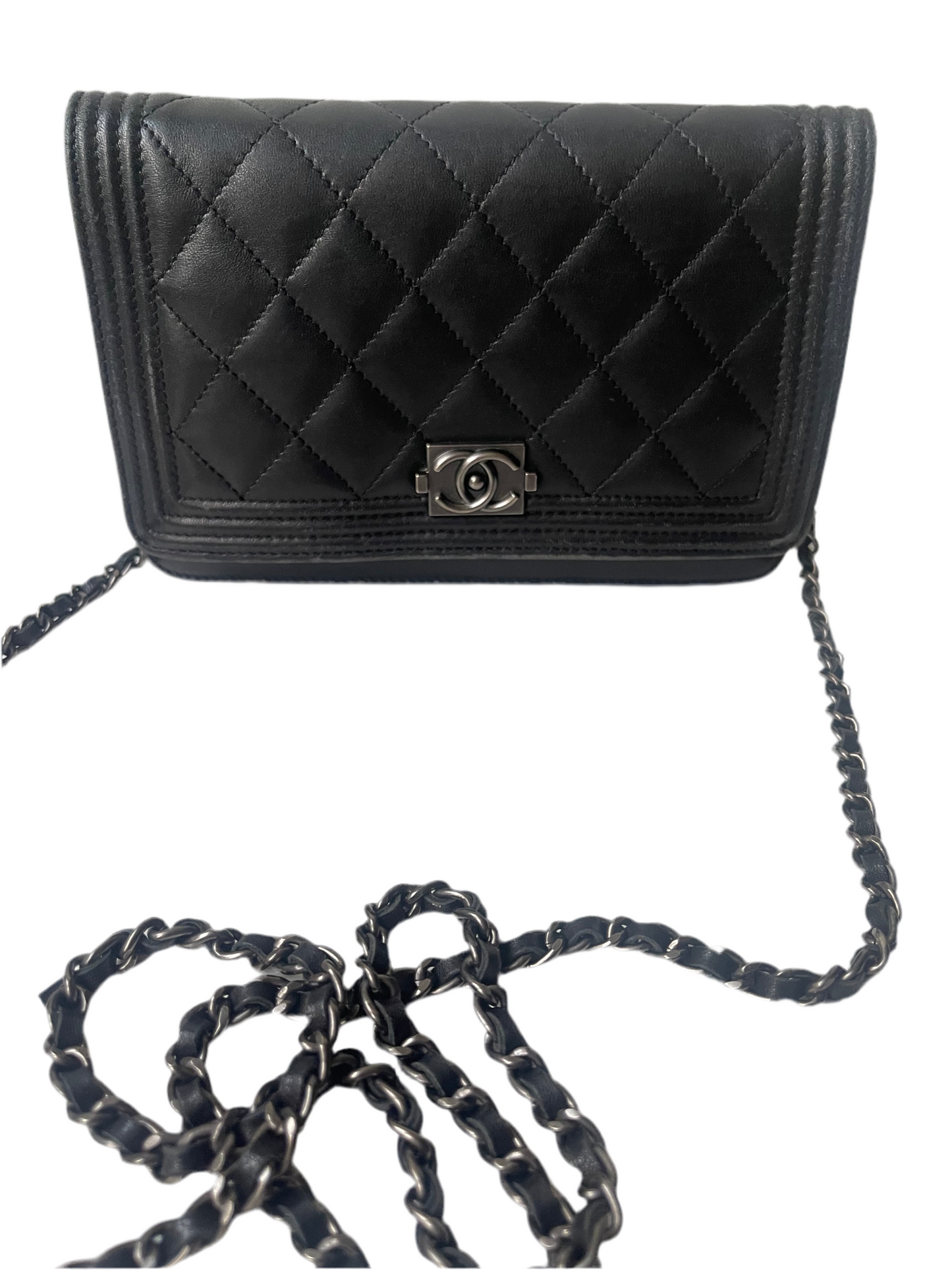 Chanel Wallet on Chain WOC Boy – Zwart Lambskin Leer – Aged Zilver Hardware – 2018