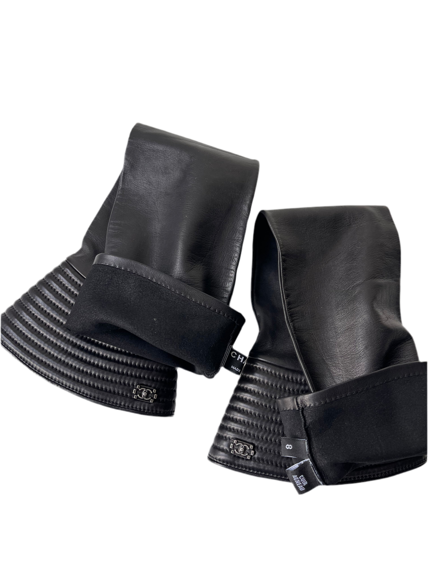 CHANEL Zwart Leren Manchetten / Arm Cuffs – Maat 8