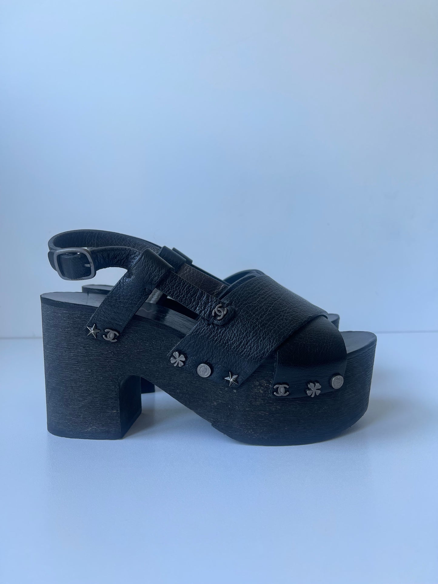 CHANEL LEREN MULES & CLOGS PLATEAUZOOL SANDALEN ZWART LEER SCHOENEN MAAT EU 36 / 3 UK