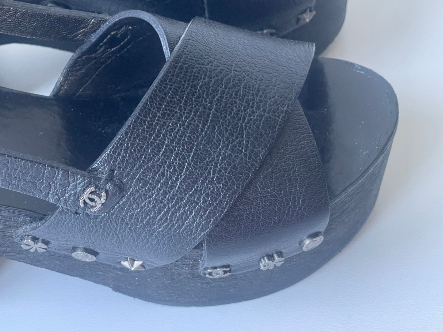 CHANEL LEREN MULES & CLOGS PLATEAUZOOL SANDALEN ZWART LEER SCHOENEN MAAT EU 36 / 3 UK