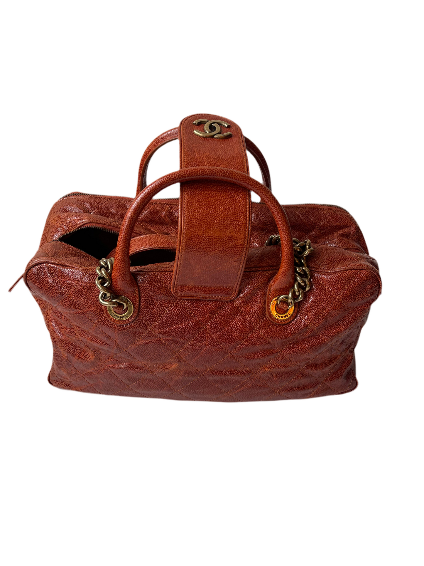 CHANEL SHIVA BOWLER TAS SCHOUDERTAS ROESTBRUIN/RODE TAS LEER