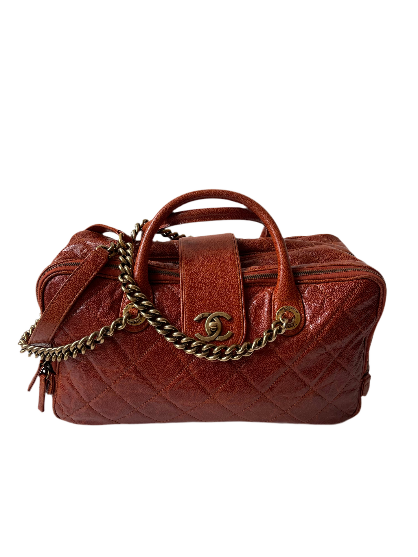 CHANEL SHIVA BOWLER TAS SCHOUDERTAS ROESTBRUIN/RODE TAS LEER