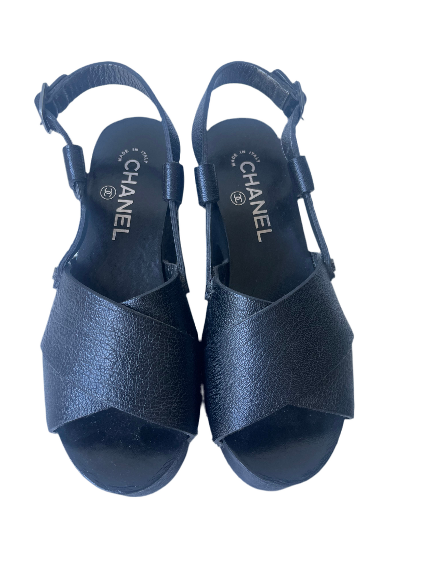 CHANEL LEREN MULES & CLOGS PLATEAUZOOL SANDALEN ZWART LEER SCHOENEN MAAT EU 36 / 3 UK