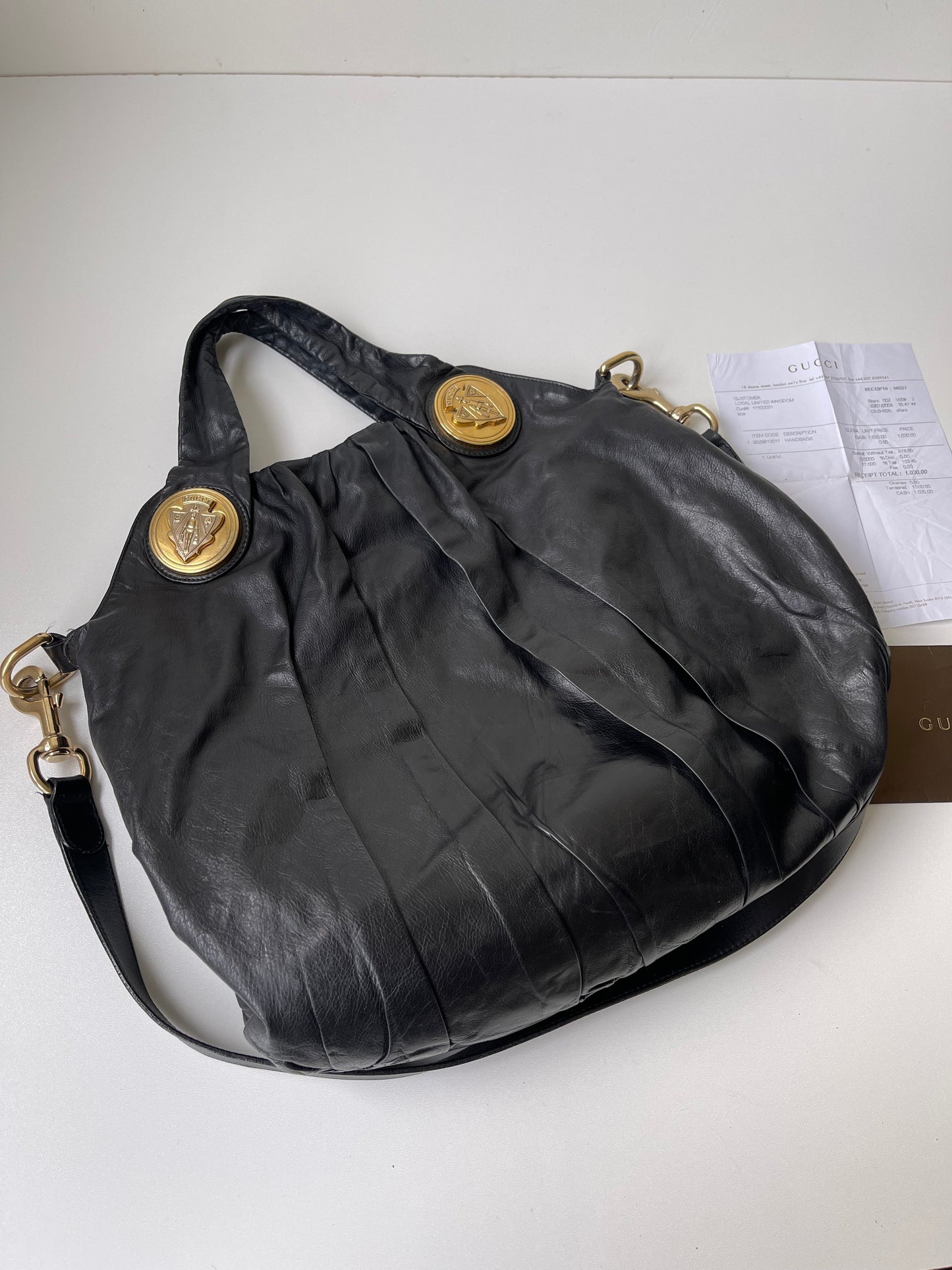 Gucci Hysteria Large Black Leather Tote Handbag Shoulderbag in zwart leer met gouden hardware