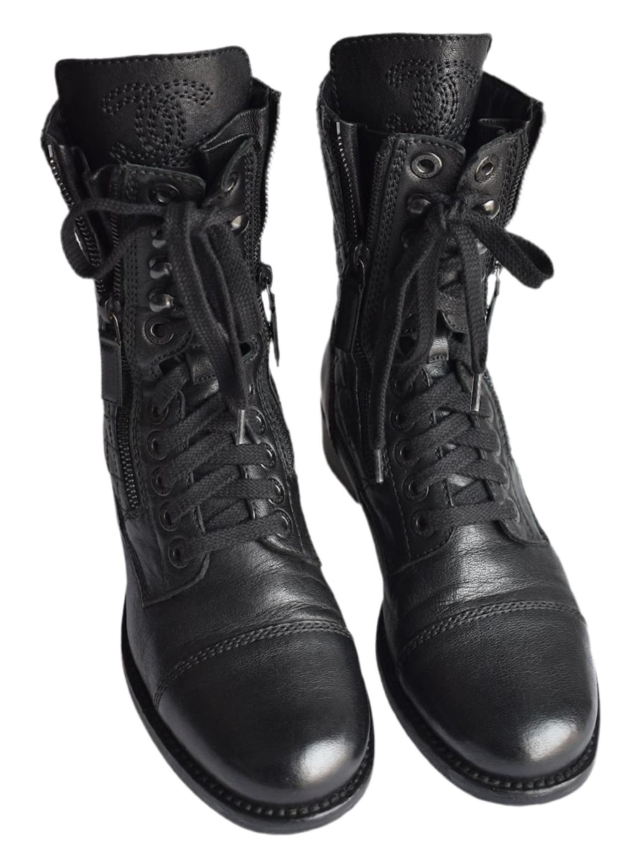 Chanel CC Quilted Combat Ankle Boots Zwart leer Maat EU 36