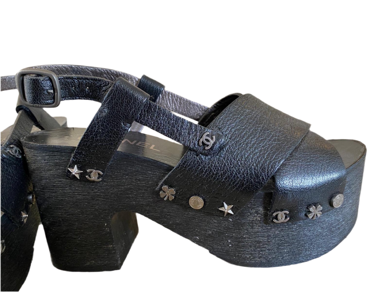 CHANEL LEREN MULES & CLOGS PLATEAUZOOL SANDALEN ZWART LEER SCHOENEN MAAT EU 36 / 3 UK