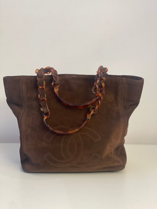 CHANEL TAS HANDTAS DONKERBRUIN BRUIN SUÈDE LEER