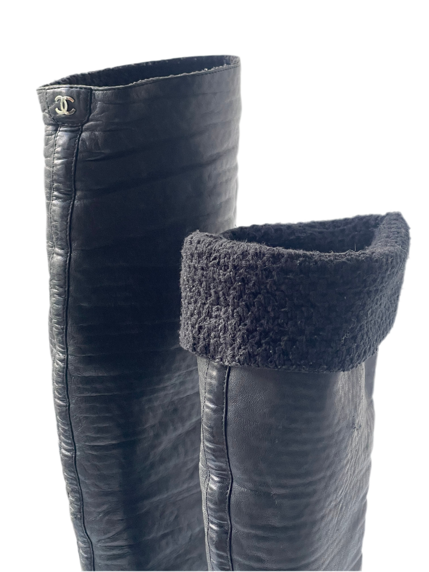 Chanel CC Zwart Quilted Leather Vintage Knit Knee-High Laarzen – Maat 37