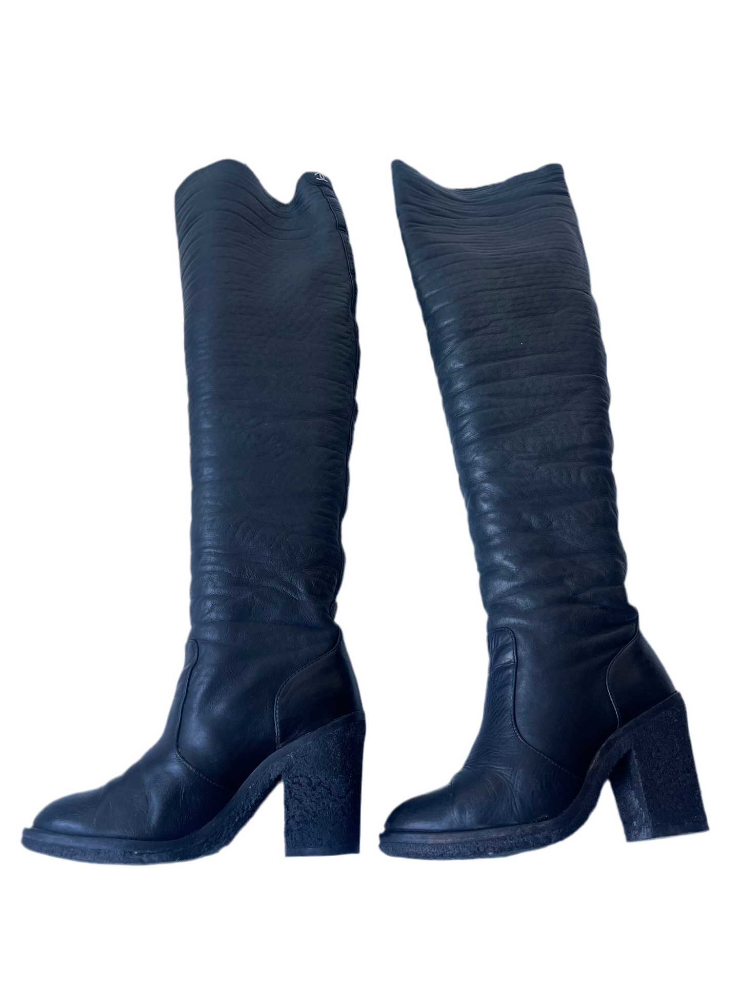 Chanel CC Zwart Quilted Leather Vintage Knit Knee-High Laarzen – Maat 37