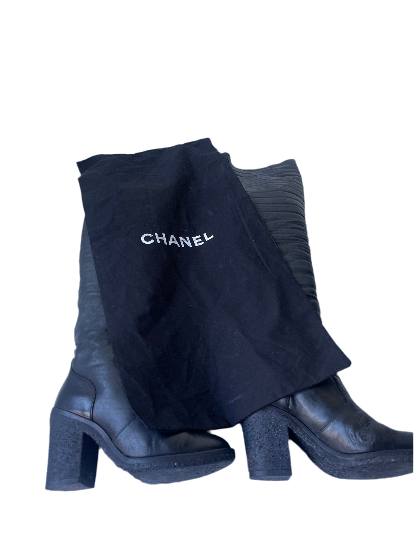 Chanel CC Zwart Quilted Leather Vintage Knit Knee-High Laarzen – Maat 37