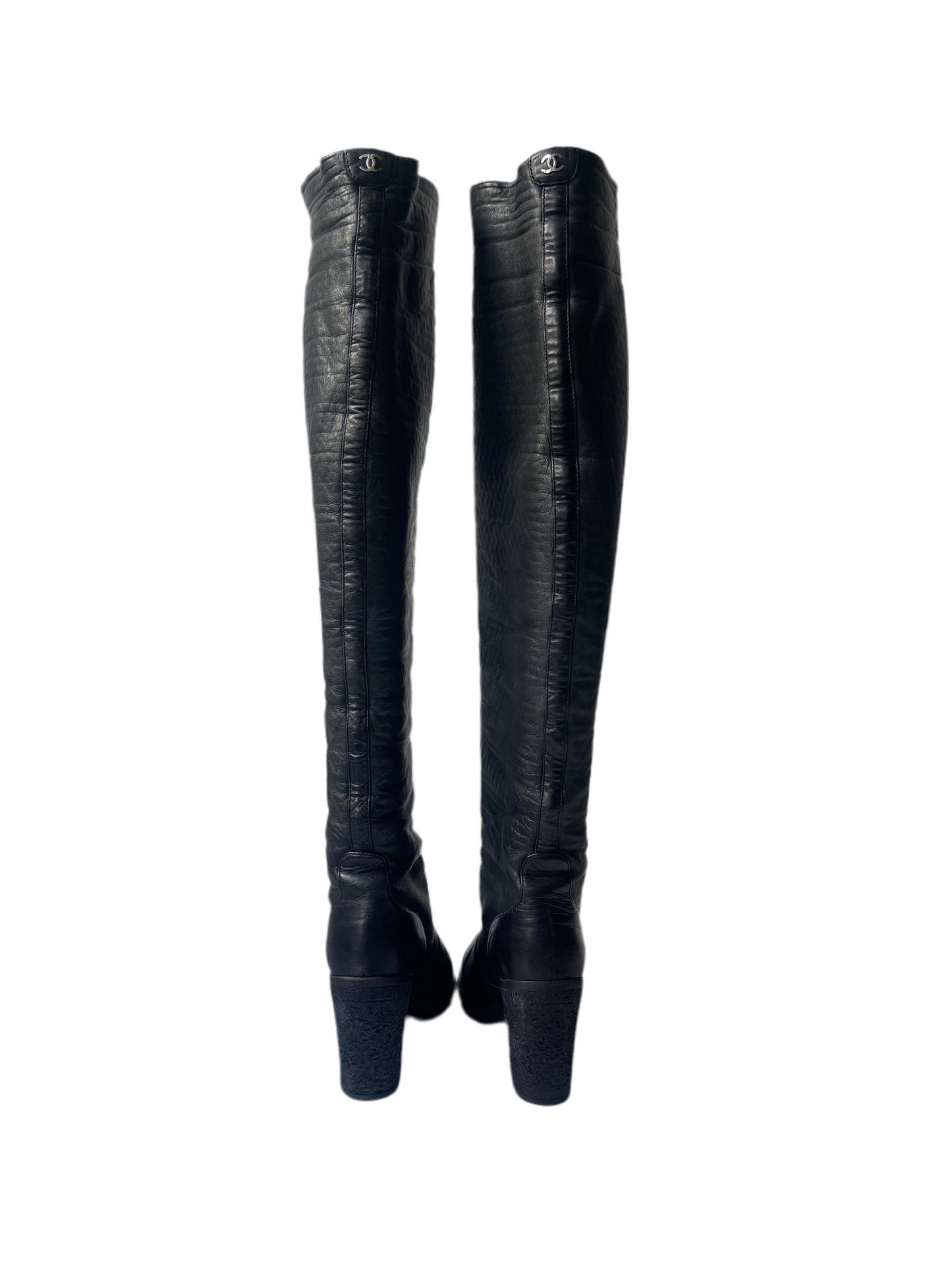 Chanel CC Zwart Quilted Leather Vintage Knit Knee-High Laarzen – Maat 37