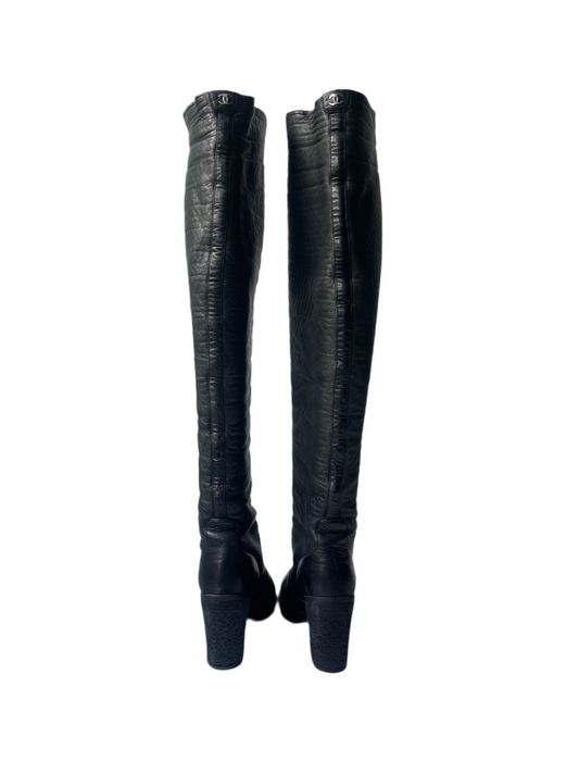 Chanel CC Zwart Quilted Leather Vintage Knit Knee-High Laarzen – Maat 37