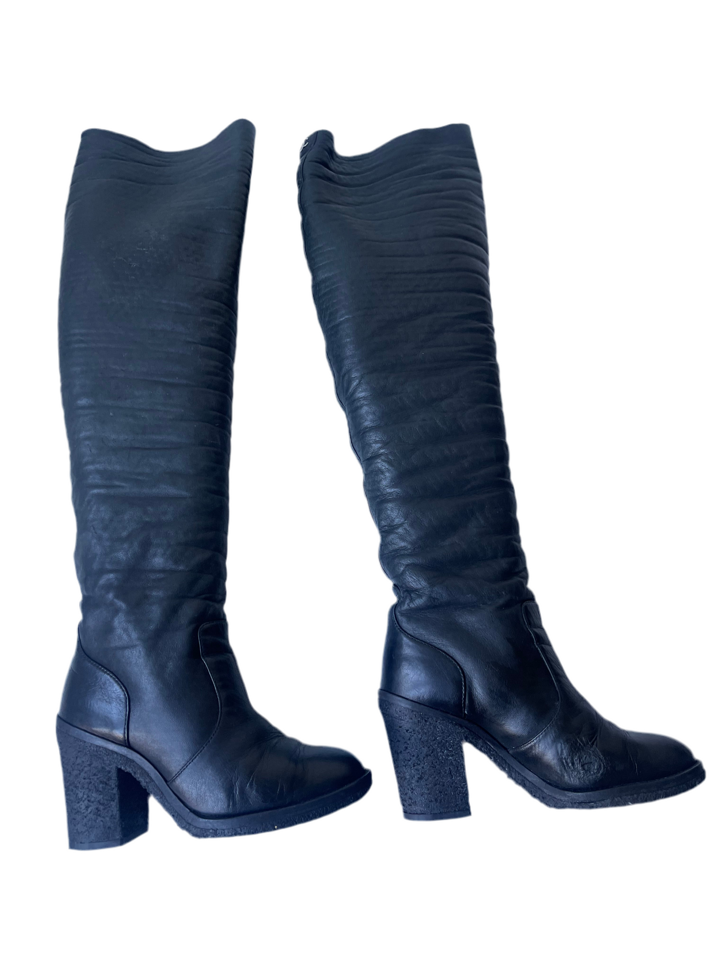 Chanel CC Zwart Quilted Leather Vintage Knit Knee-High Laarzen – Maat 37