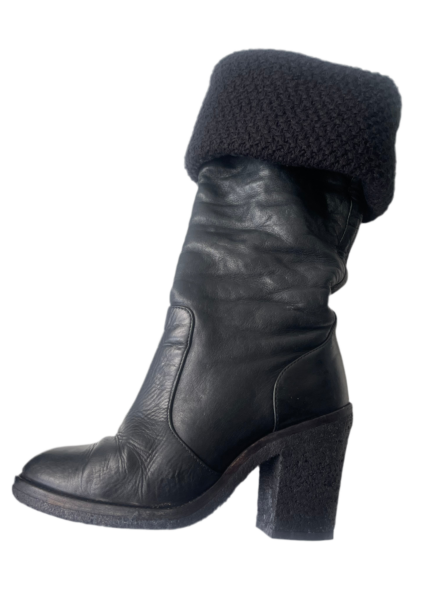 Chanel CC Zwart Quilted Leather Vintage Knit Knee-High Laarzen – Maat 37