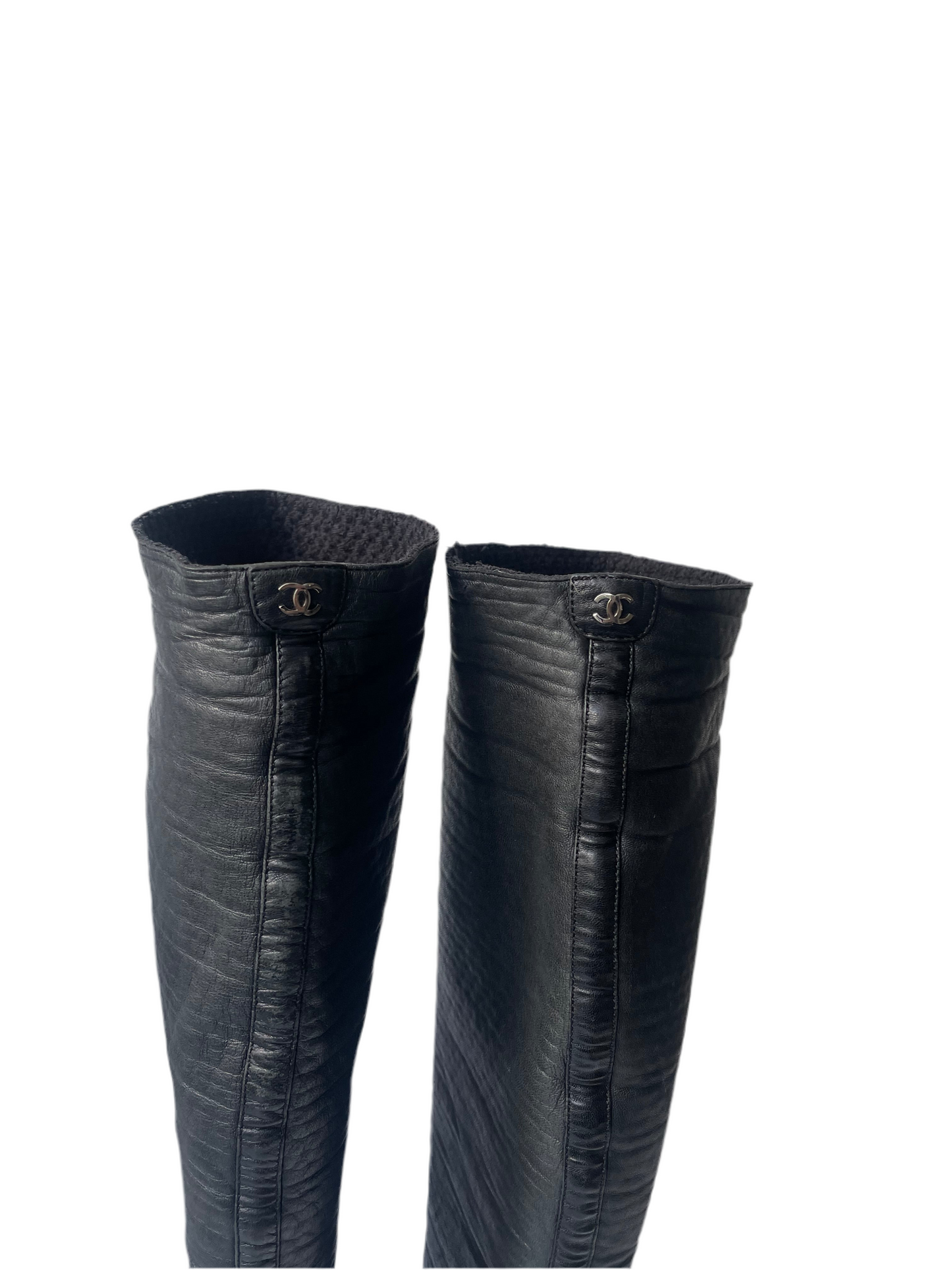 Chanel CC Zwart Quilted Leather Vintage Knit Knee-High Laarzen – Maat 37