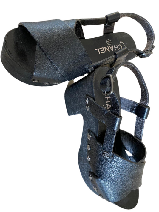 CHANEL LEREN MULES & CLOGS PLATEAUZOOL SANDALEN ZWART LEER SCHOENEN MAAT EU 36 / 3 UK