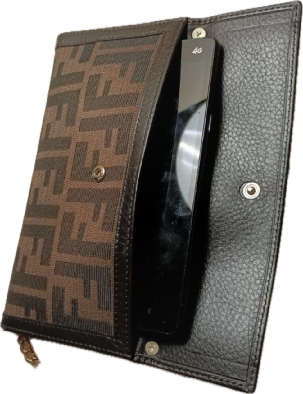 FENDI ZUCCA FLAP WALLET ON CHAIN ​​BAG CANVAS / LEATHER BROWN