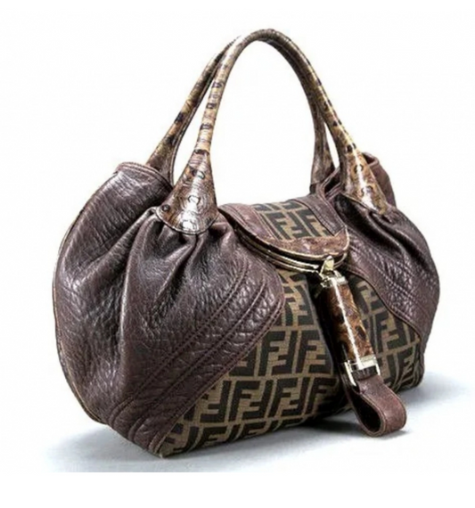 FENDI SPY BAG ZUCCA TAS VINTAGE HANDTAS BRUIN LEER
