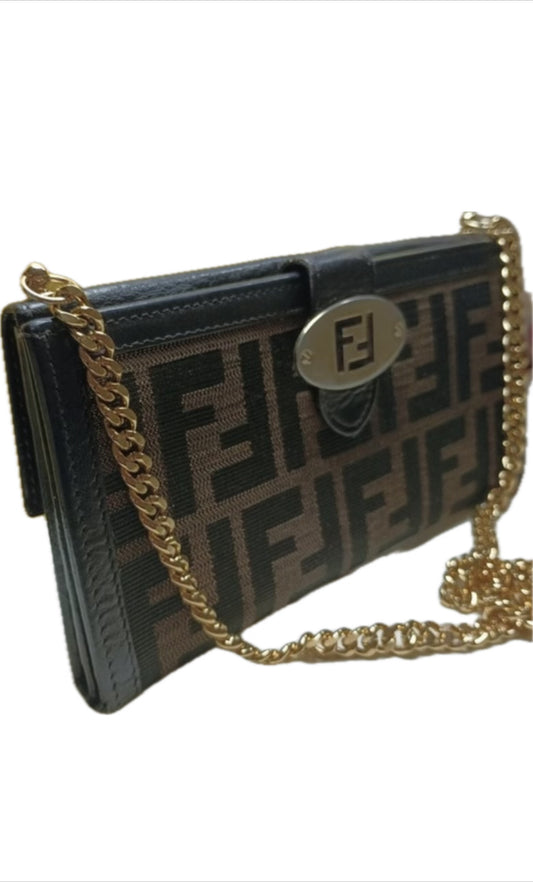 FENDI ZUCCA FLAP WALLET ON CHAIN ​​BAG CANVAS / LEATHER BROWN