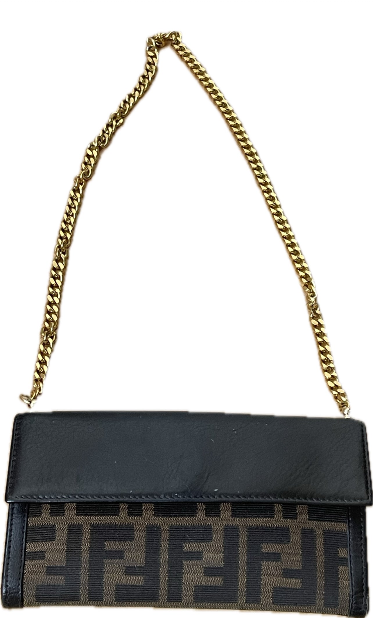 FENDI ZUCCA FLAP WALLET ON CHAIN ​​BAG CANVAS / LEATHER BROWN