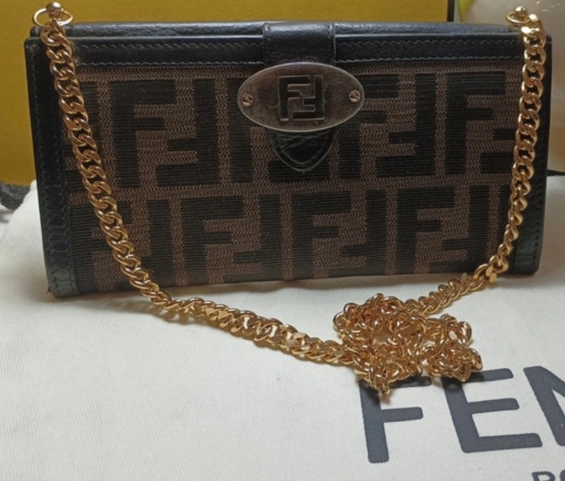 FENDI ZUCCA FLAP WALLET ON CHAIN ​​BAG CANVAS / LEATHER BROWN