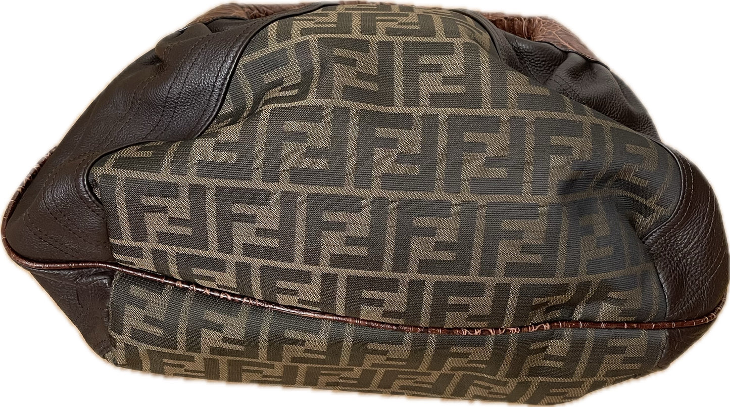FENDI SPY BAG ZUCCA TAS VINTAGE HANDTAS BRUIN LEER